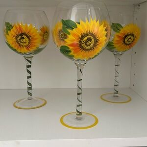 Set of 3 hand painted, mouth blown sunflower wine glasses